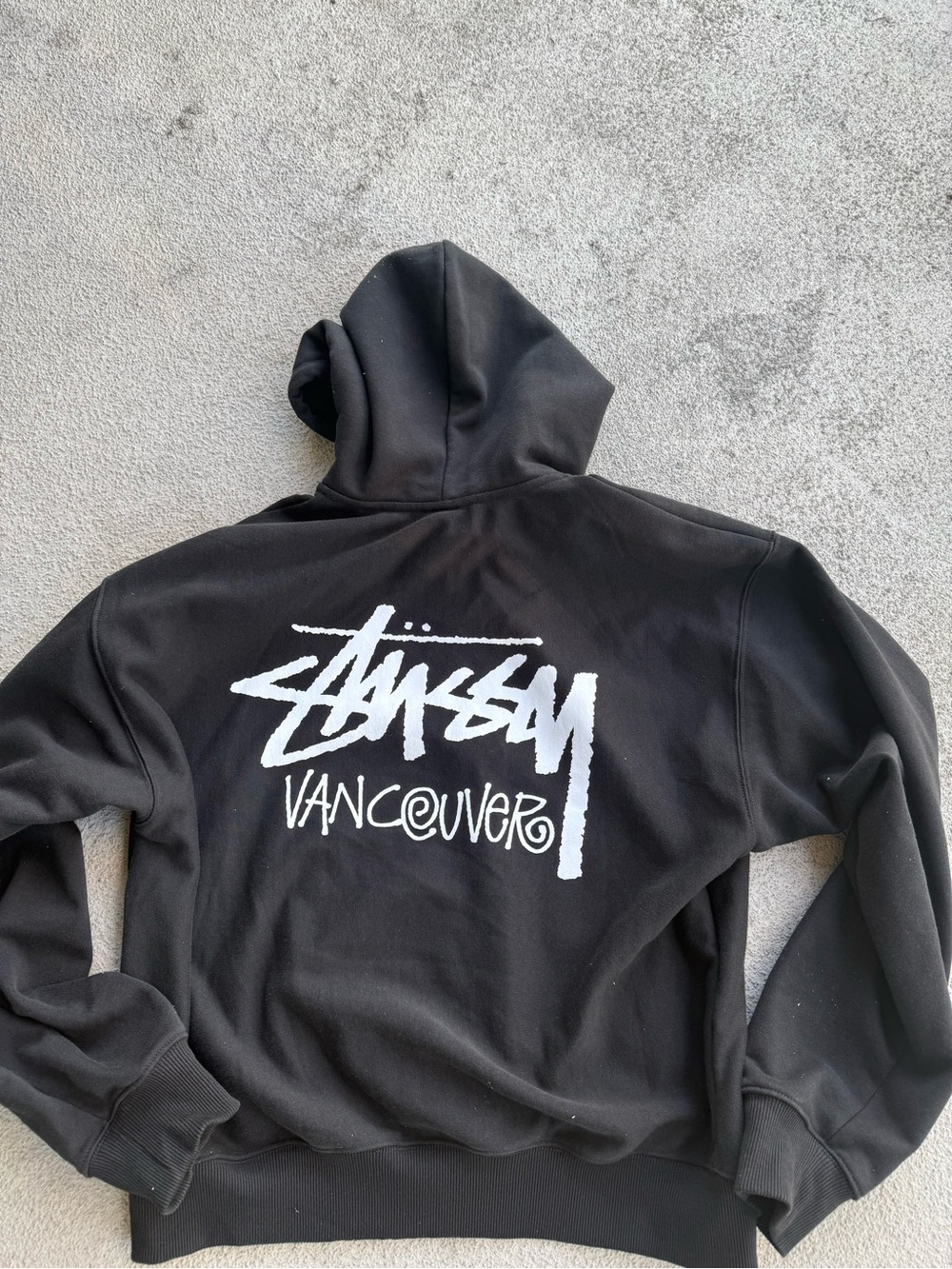 Stussy Black Hoodie with White Vancouver Script